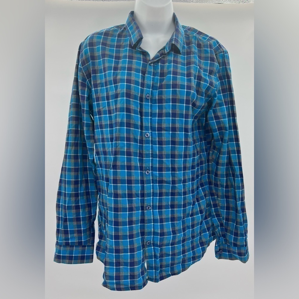 Men's Sisley Long Sleeve Blue Plaid Button-Down Shirts  Size L